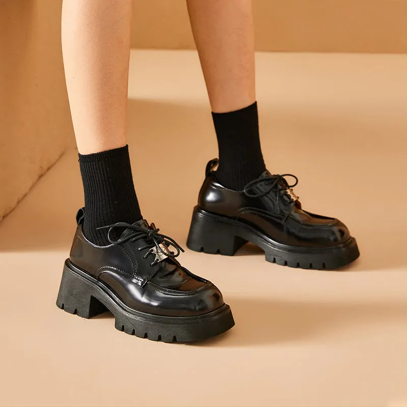 BeauToday Round Toe Womens Chunky Oxfords Lace-Up Platform Lug Sole Oxfords for Women with Metal Sheet Decoration