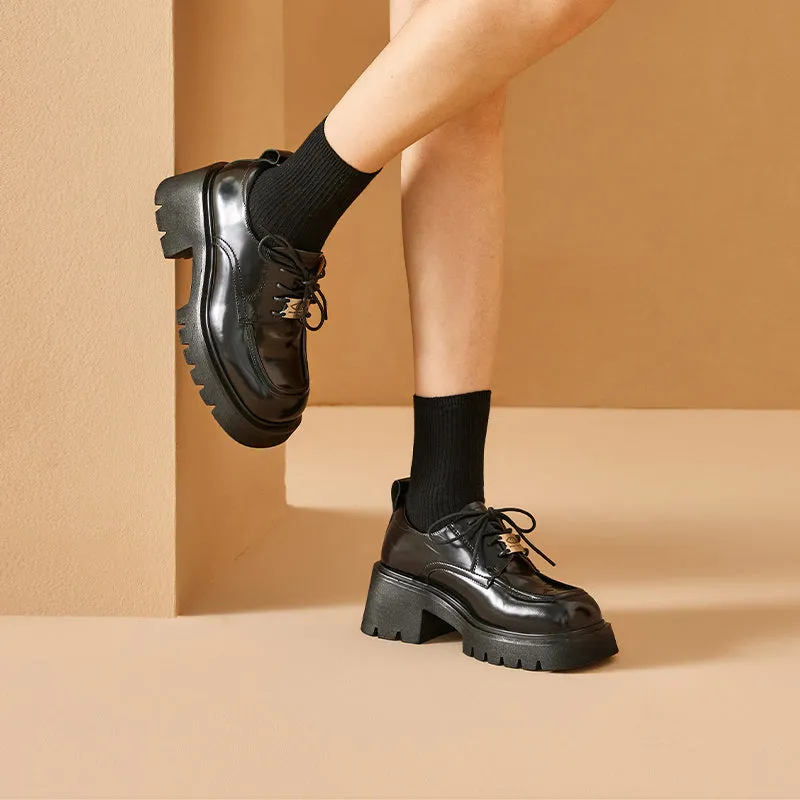 BeauToday Round Toe Womens Chunky Oxfords Lace-Up Platform Lug Sole Oxfords for Women with Metal Sheet Decoration