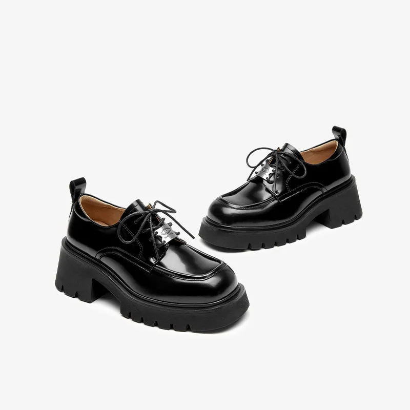 BeauToday Round Toe Womens Chunky Oxfords Lace-Up Platform Lug Sole Oxfords for Women with Metal Sheet Decoration