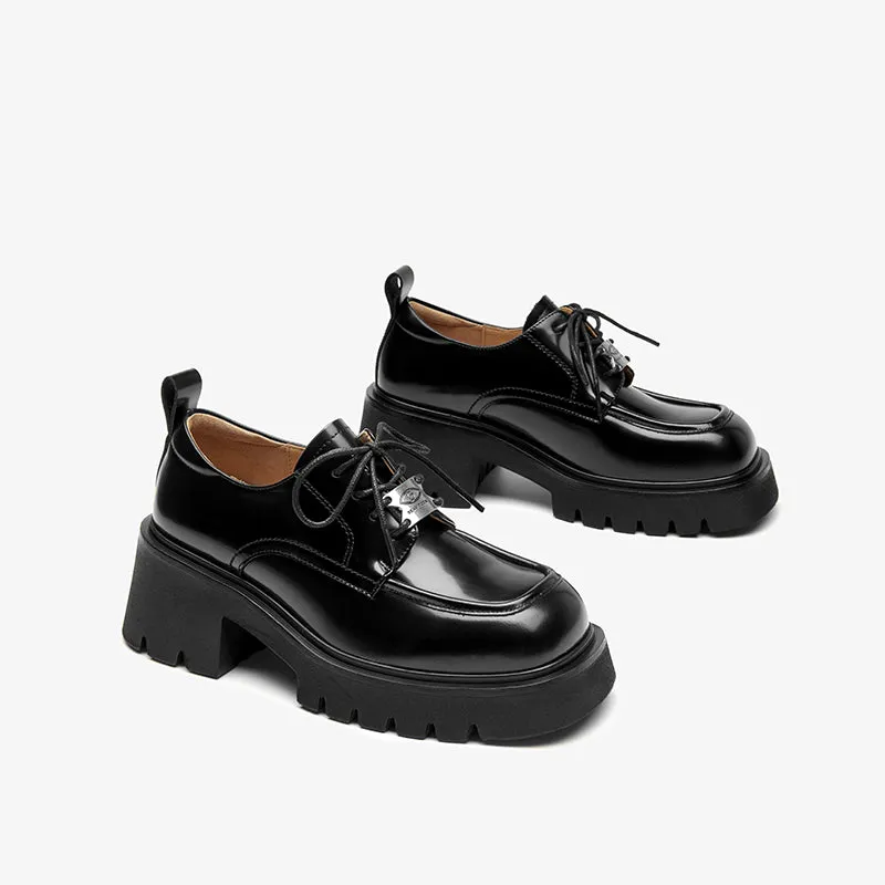 BeauToday Round Toe Womens Chunky Oxfords Lace-Up Platform Lug Sole Oxfords for Women with Metal Sheet Decoration