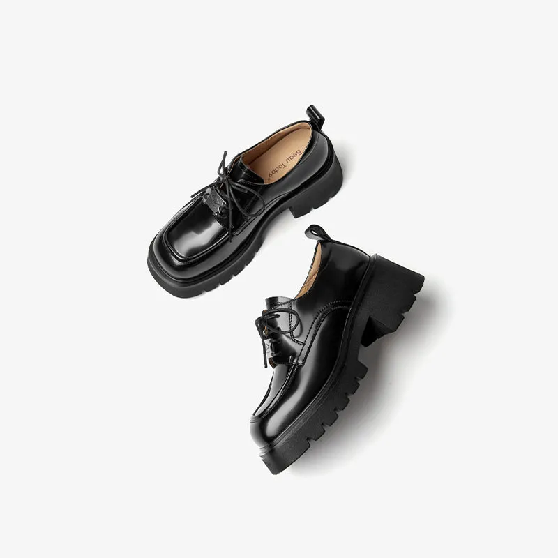 BeauToday Round Toe Womens Chunky Oxfords Lace-Up Platform Lug Sole Oxfords for Women with Metal Sheet Decoration