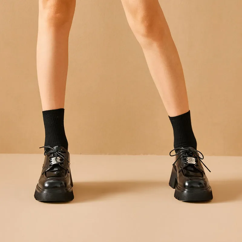 BeauToday Round Toe Womens Chunky Oxfords Lace-Up Platform Lug Sole Oxfords for Women with Metal Sheet Decoration