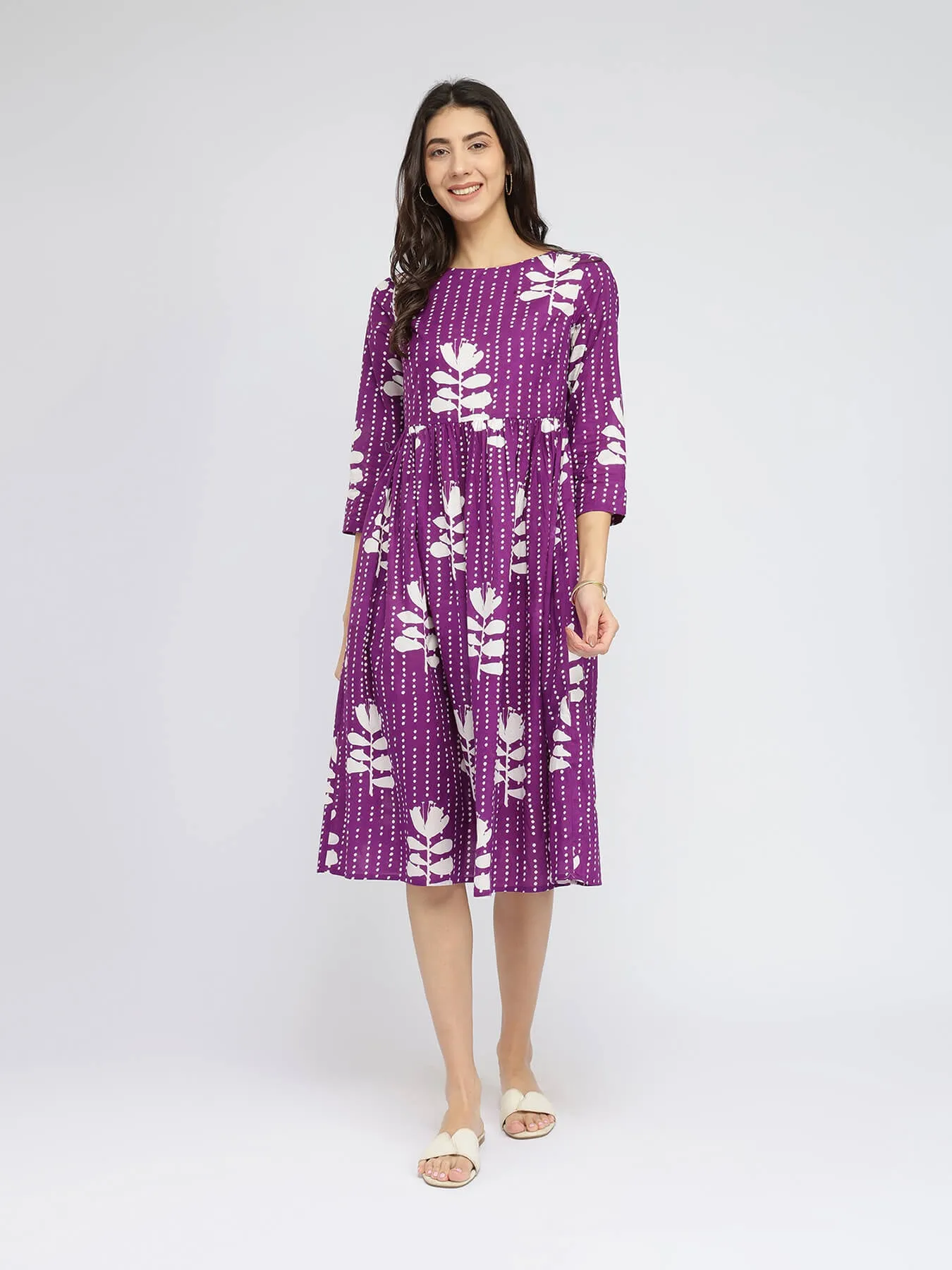 Cotton Floral Fit & Flare Dress - Purple