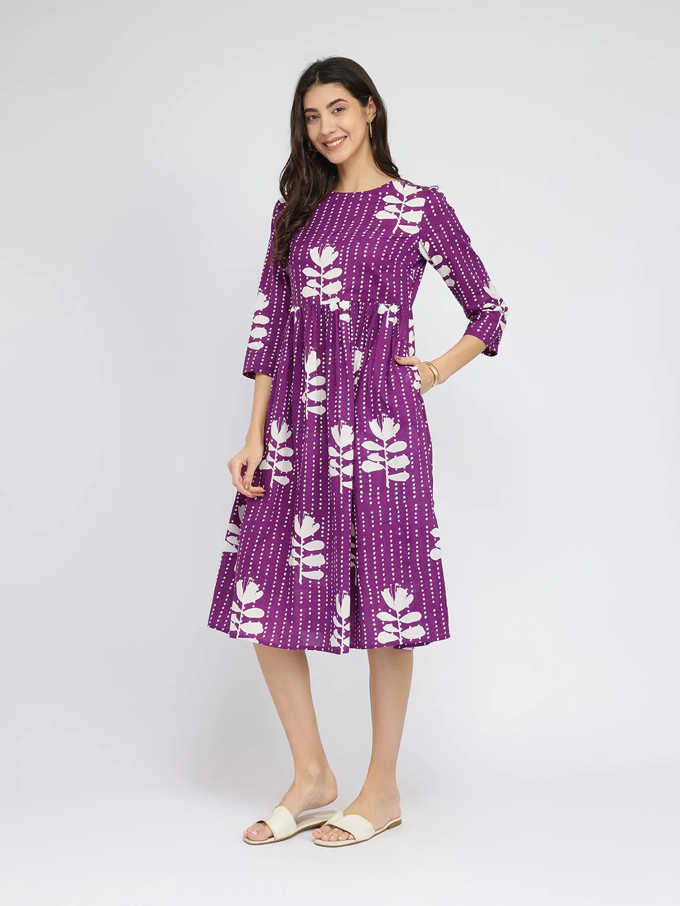 Cotton Floral Fit & Flare Dress - Purple