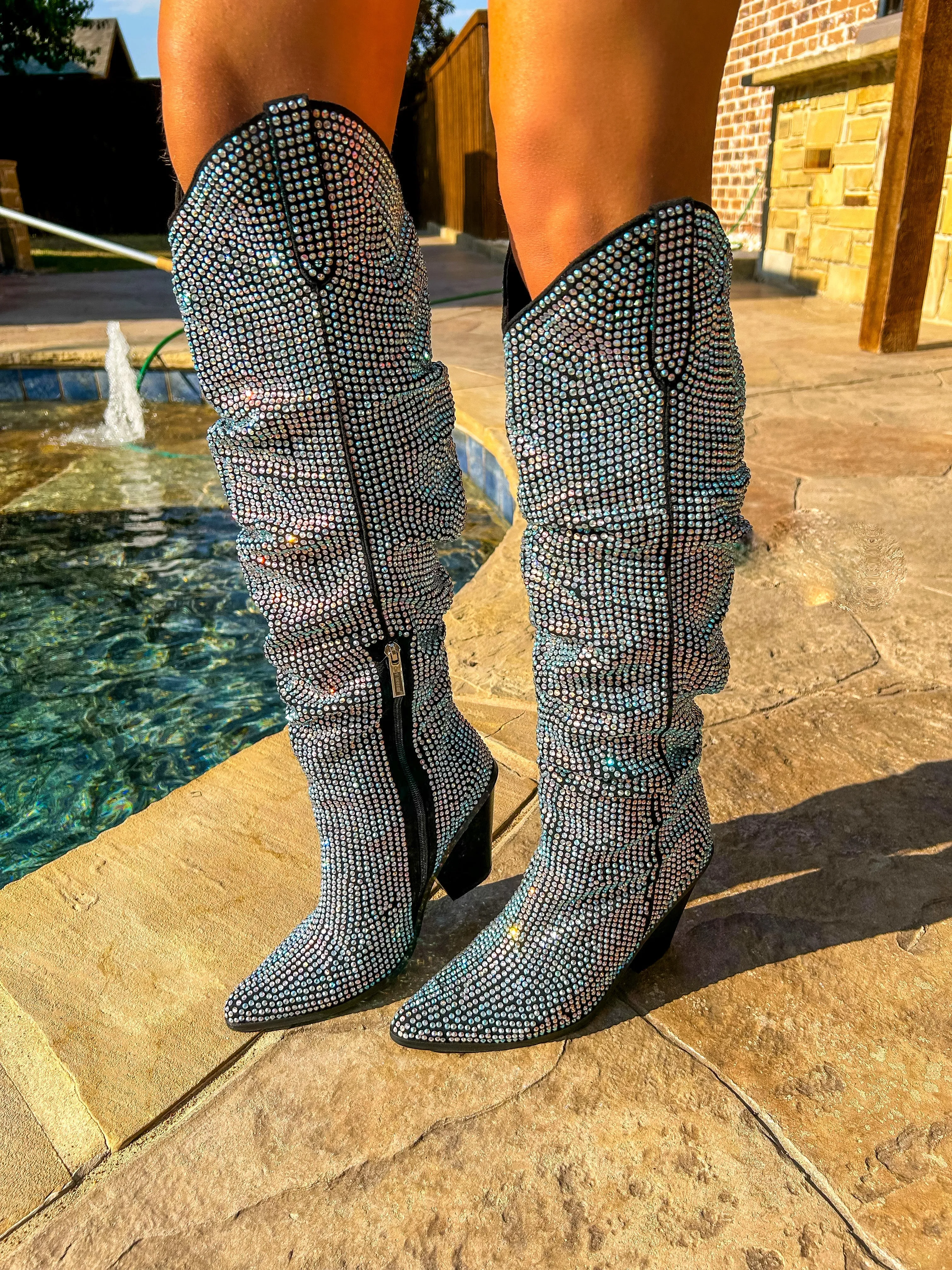 Head Over Boots AB Rhinestone Chunky Heel Boots