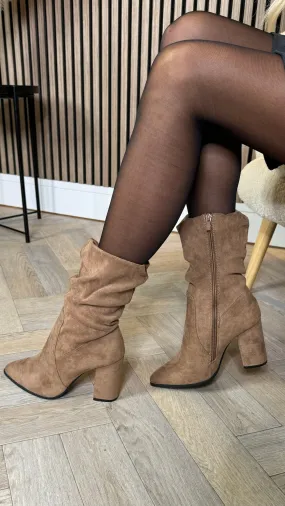Joey Taupe Ruched Block Heel Suede Finish Boots