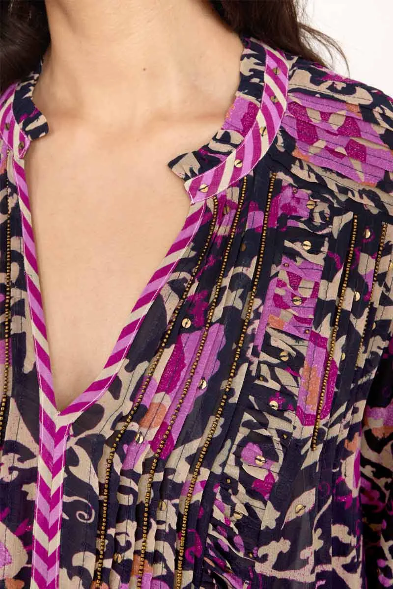 Lanya Navy Printed Gold detail Blouse