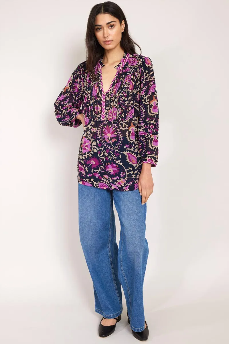 Lanya Navy Printed Gold detail Blouse