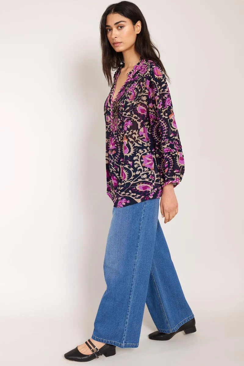 Lanya Navy Printed Gold detail Blouse