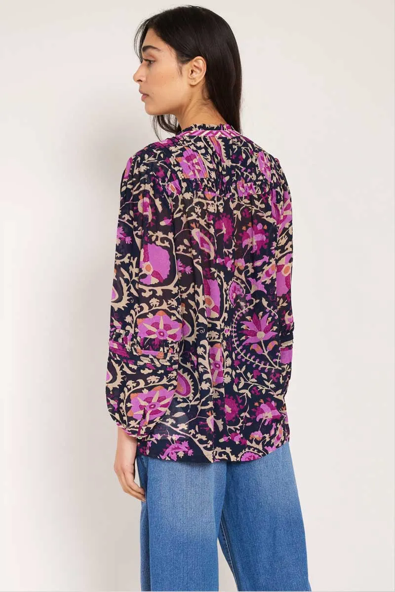 Lanya Navy Printed Gold detail Blouse