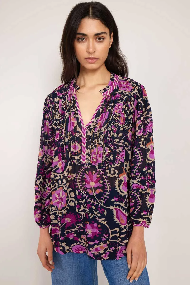Lanya Navy Printed Gold detail Blouse