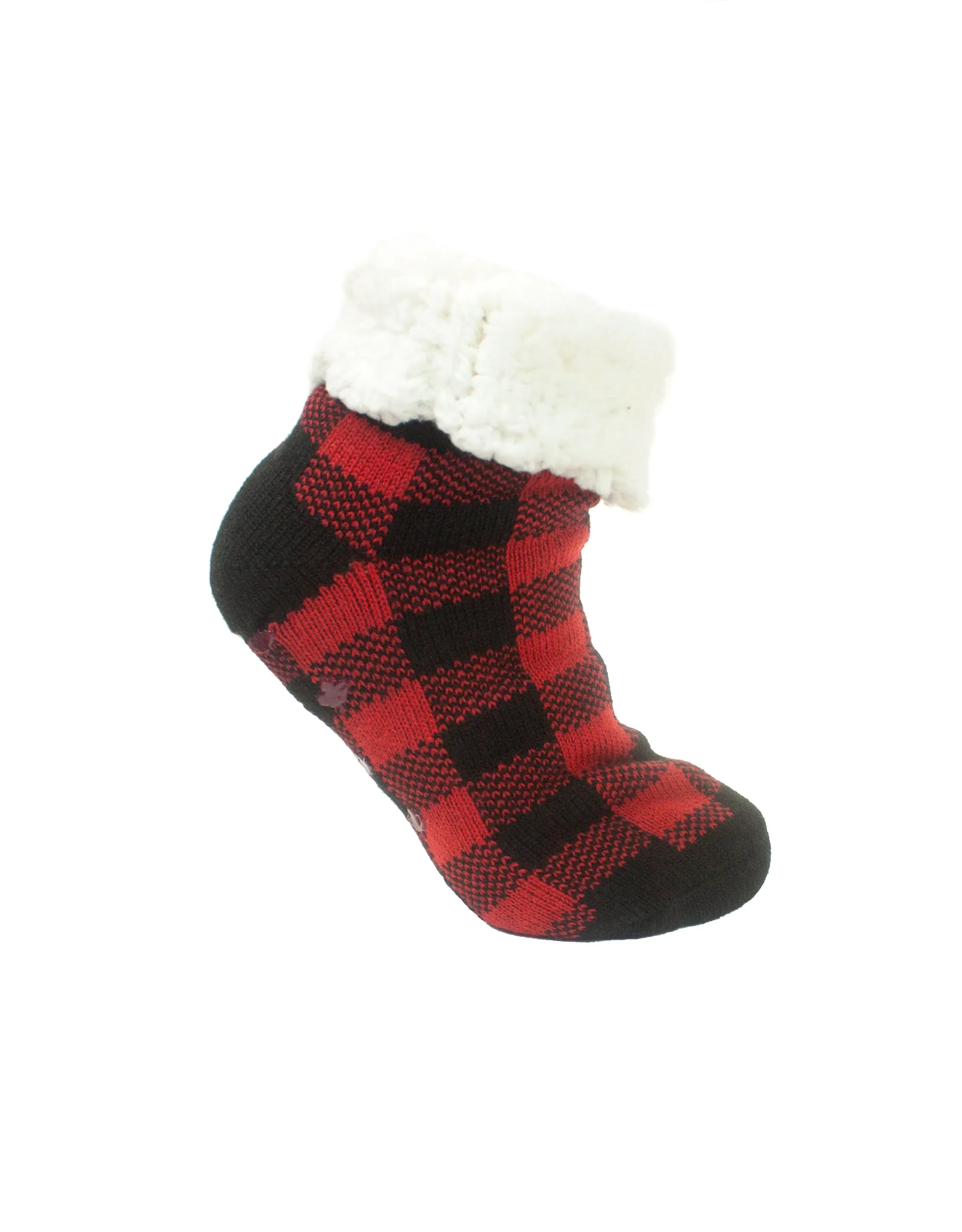 Maple Leaf Buffalo Plaid Ankle Slipper Sock - Red