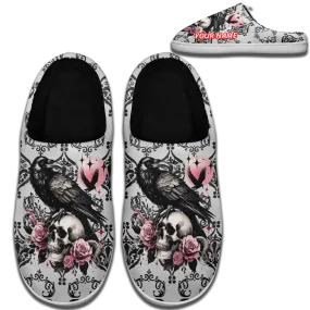 Personalized Skull Indoor Slipper, Custom Skeleton Cozy Slipper, Gothic Fashion Fur Slipper