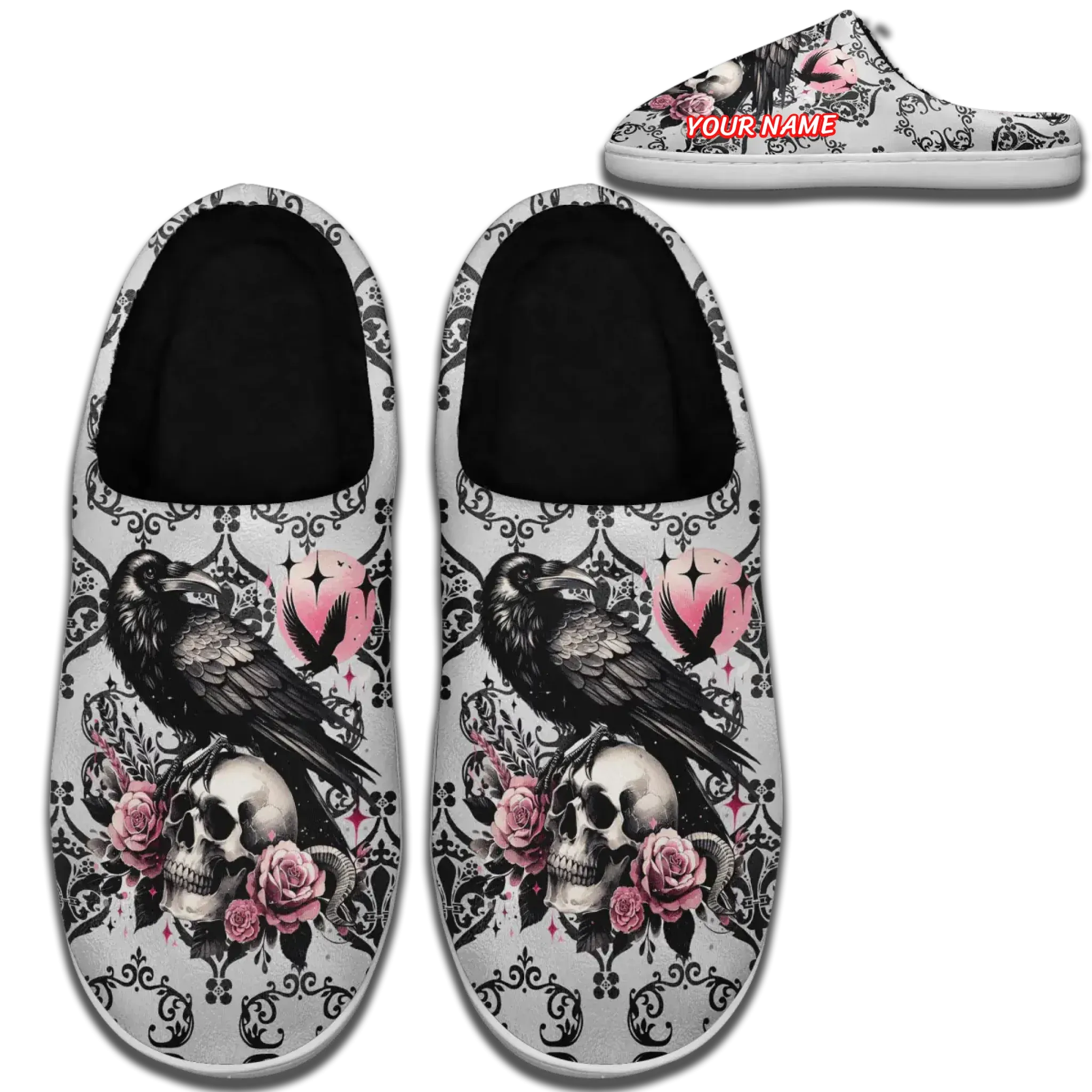 Personalized Skull Indoor Slipper, Custom Skeleton Cozy Slipper, Gothic Fashion Fur Slipper