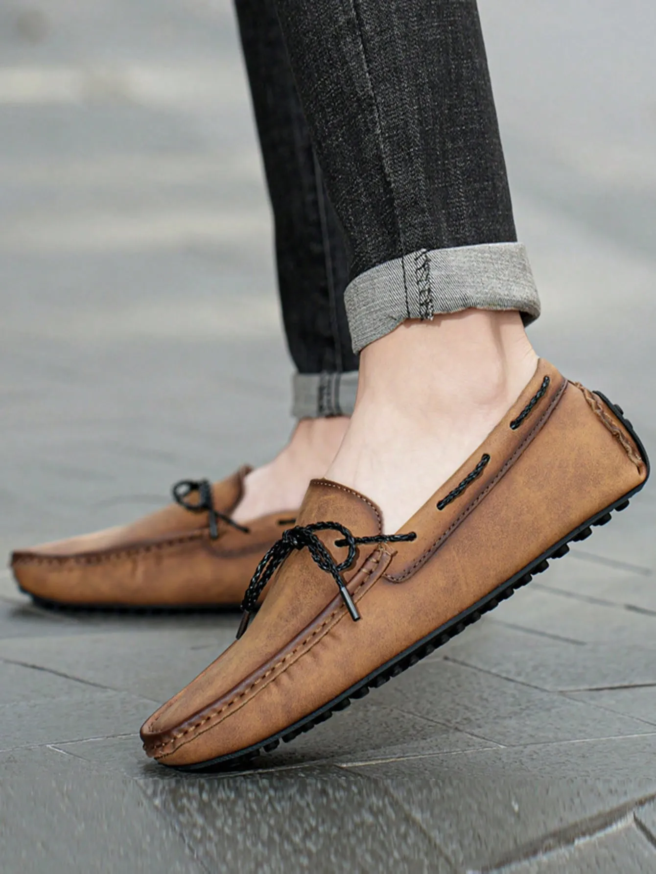 Rust Brown Bow Decor Stitched Detail  Artificial Leather Fashion Loafers
