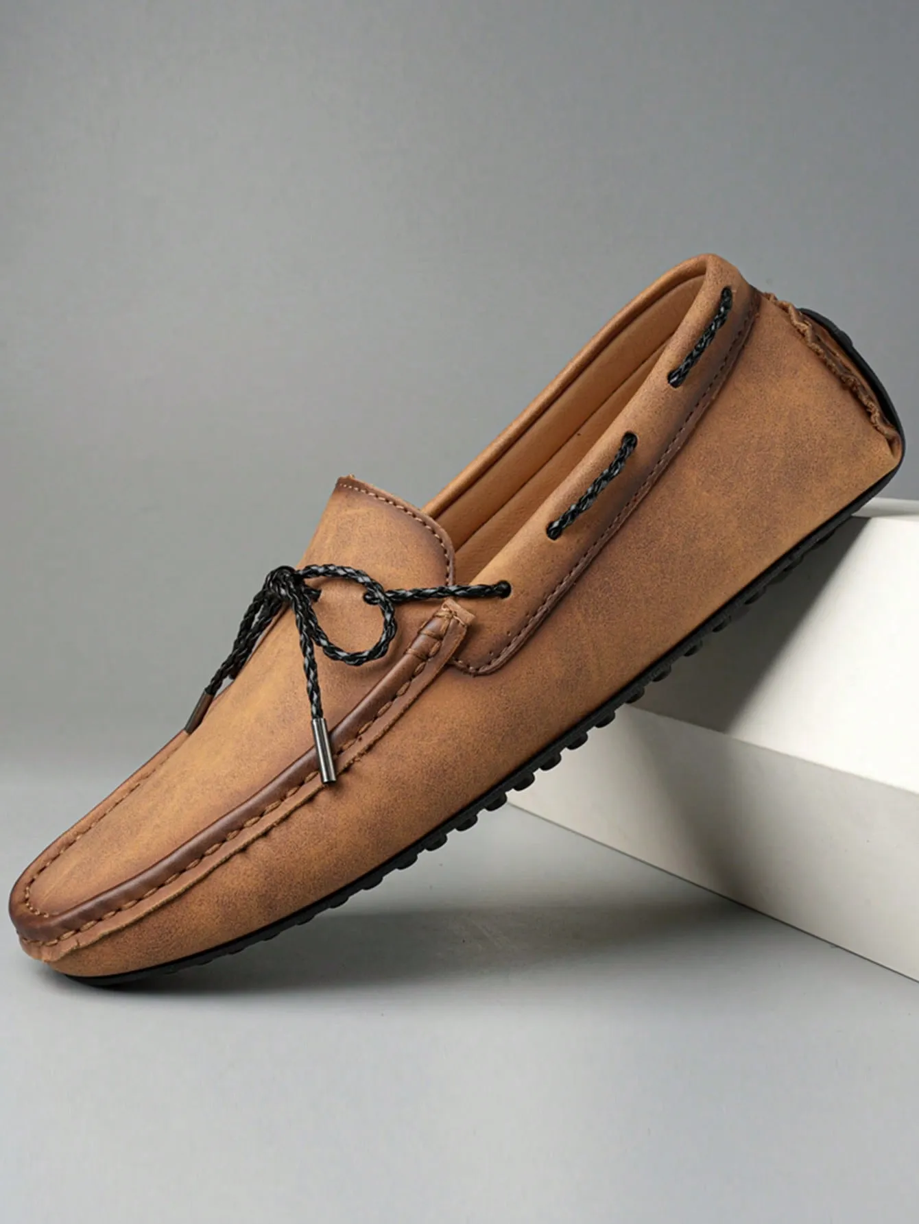 Rust Brown Bow Decor Stitched Detail  Artificial Leather Fashion Loafers