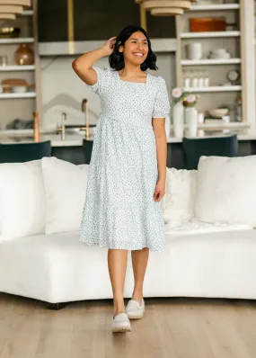 Square Neck Blue Floral Short Sleeve Midi Dress