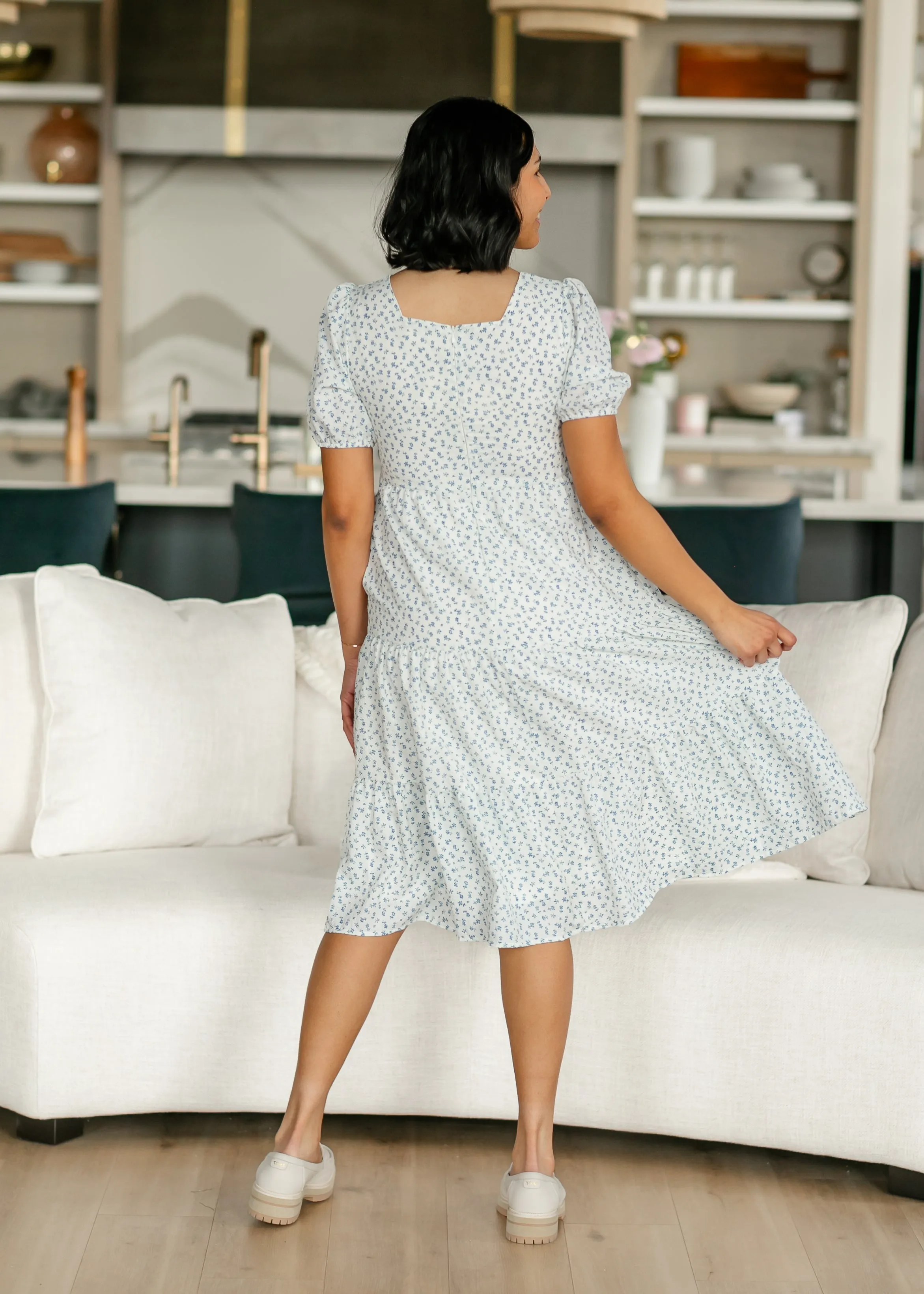 Square Neck Blue Floral Short Sleeve Midi Dress