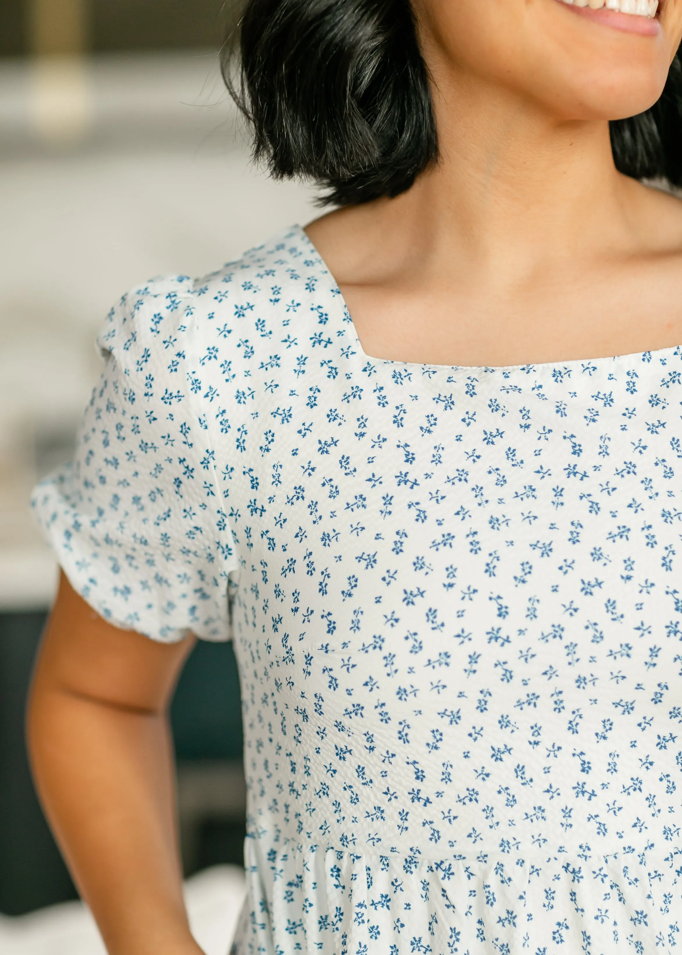 Square Neck Blue Floral Short Sleeve Midi Dress
