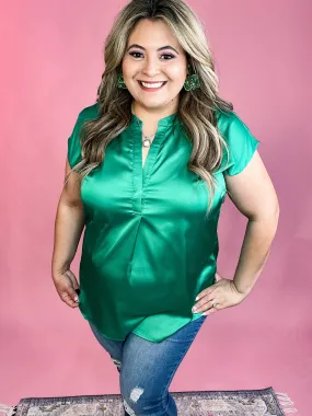 Vianca Short Sleeve Satin Top- Kelly Green