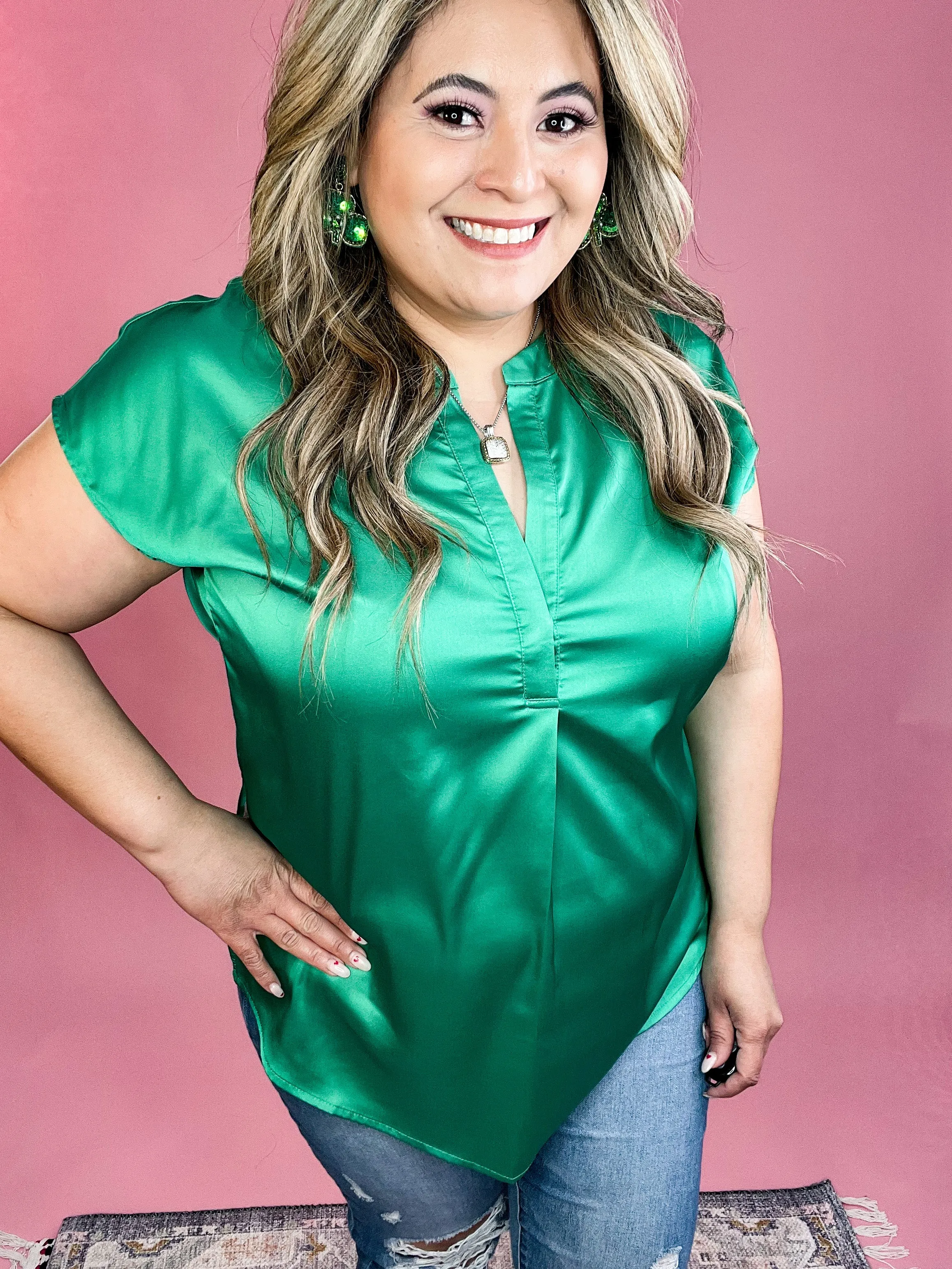 Vianca Short Sleeve Satin Top- Kelly Green