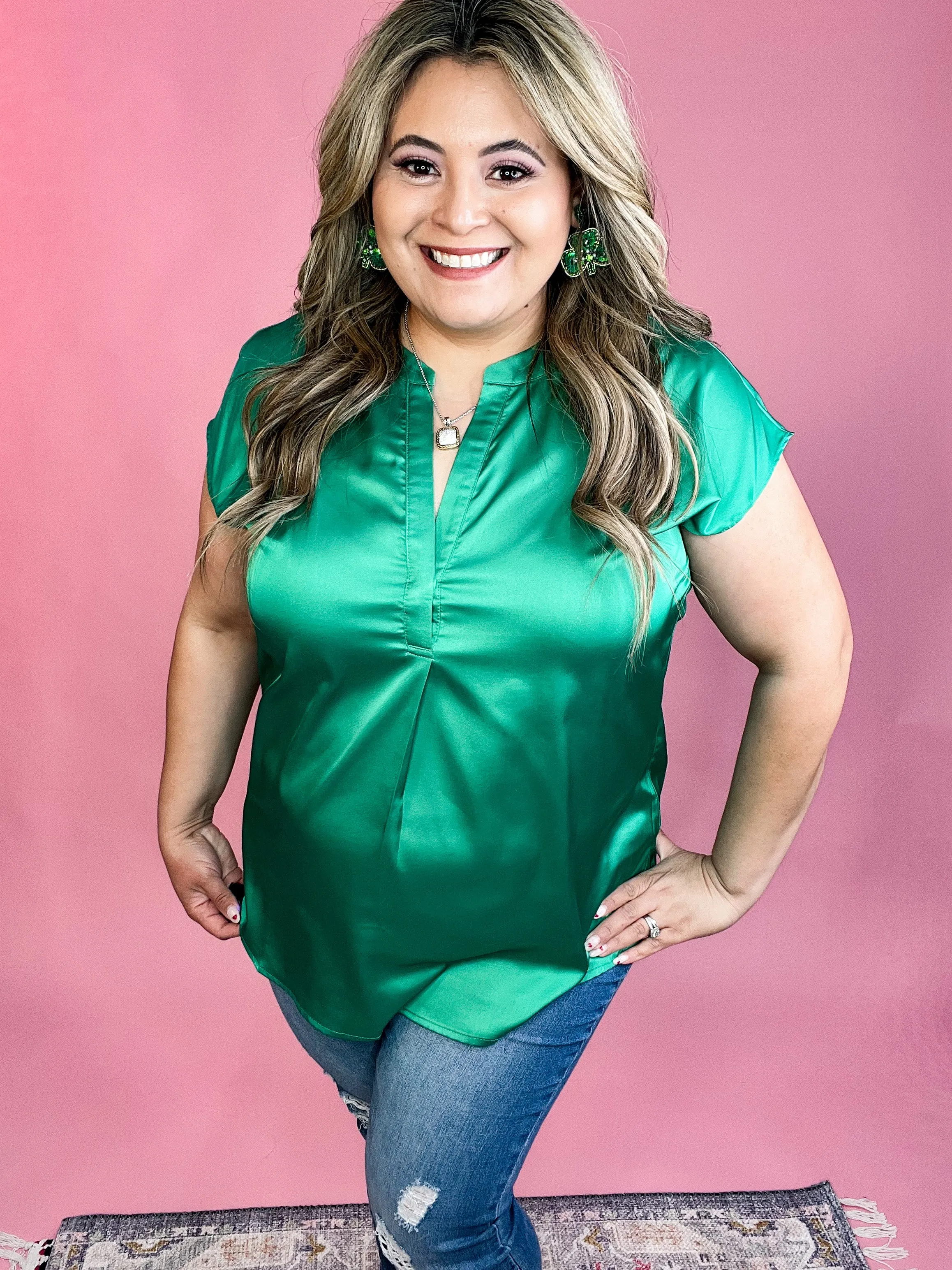 Vianca Short Sleeve Satin Top- Kelly Green