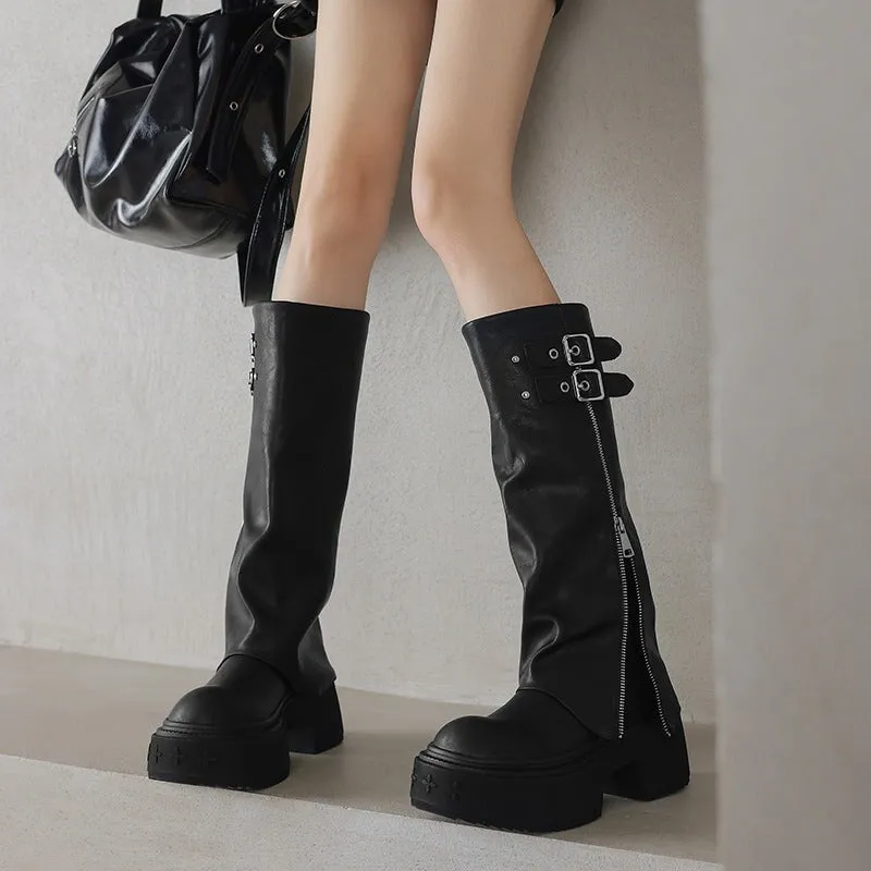 Women's Round Toe Folded Leather High-Calf Boots With Double Buckle in Black/Dark Brown