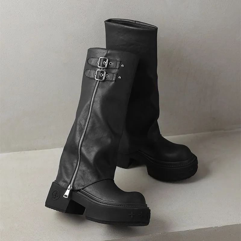 Women's Round Toe Folded Leather High-Calf Boots With Double Buckle in Black/Dark Brown