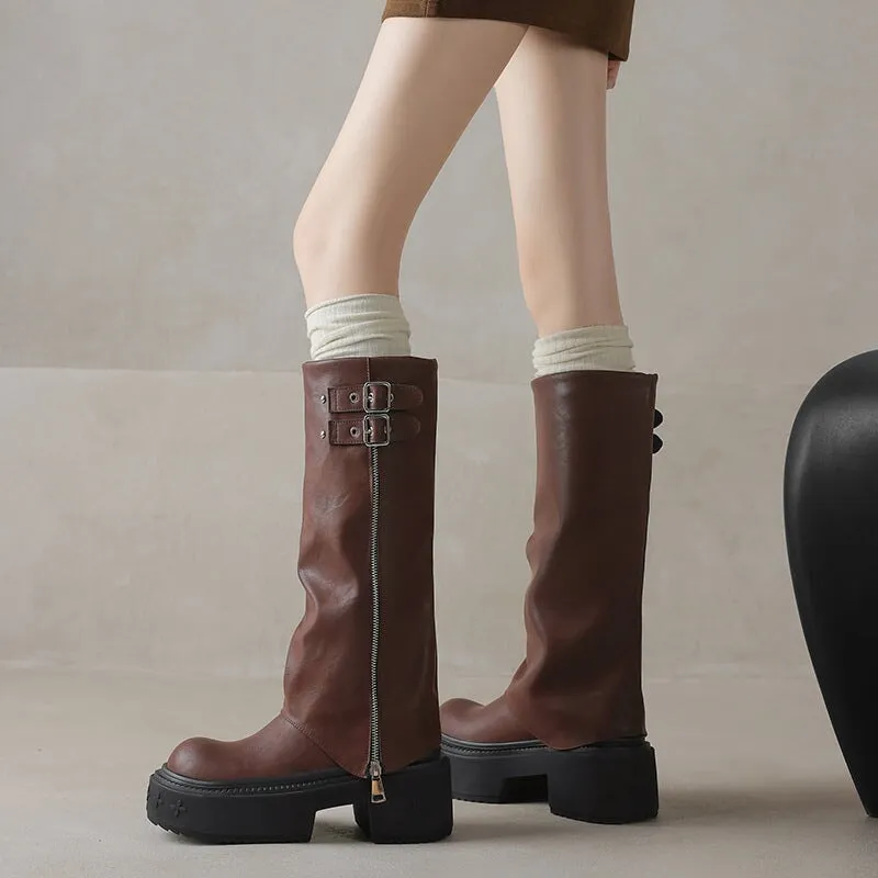 Women's Round Toe Folded Leather High-Calf Boots With Double Buckle in Black/Dark Brown