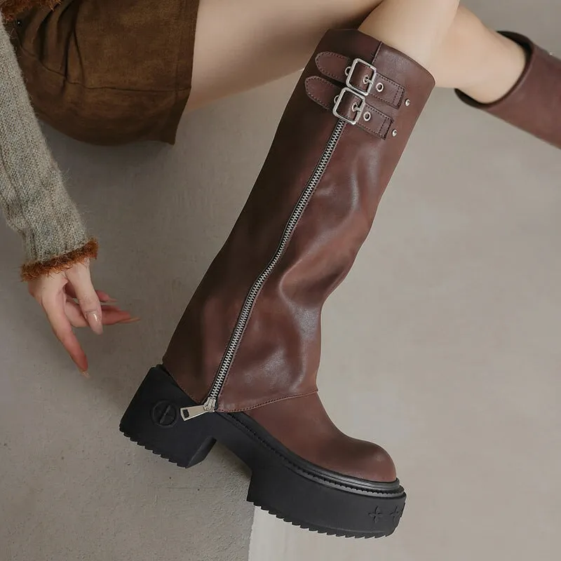 Women's Round Toe Folded Leather High-Calf Boots With Double Buckle in Black/Dark Brown