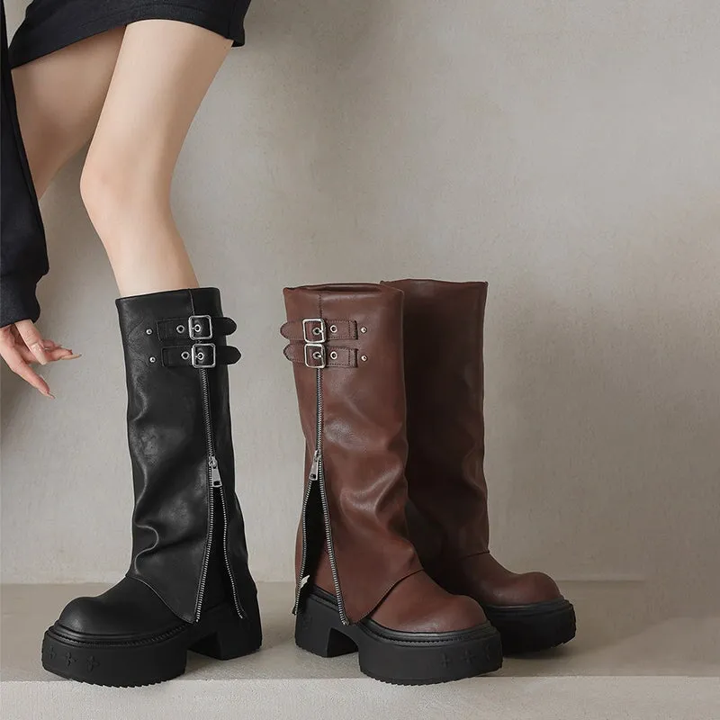Women's Round Toe Folded Leather High-Calf Boots With Double Buckle in Black/Dark Brown